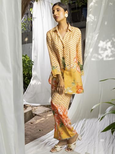Image of Women's Printed Silk Blend Co-Ord Set Long Sleeves Shirt and Trouser Set for Women | Ethnic Co-Ord Set (RWDROUT1041)