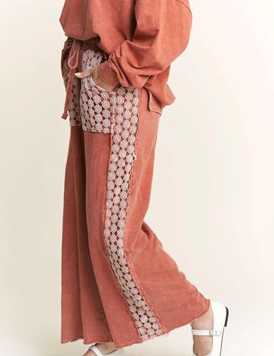 Womens Floral Daisy Trim Wide Leg Pants Drawstring Elastic Waist Lounge Pants with Pockets3