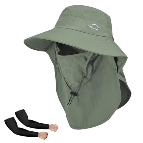 Image of Rosoz Sun Hat for Men Women with Neck Flap,Wide Brim UPF50+ Fishing Hat with Detachable Face Cover Outdoor Sun Protection Hat