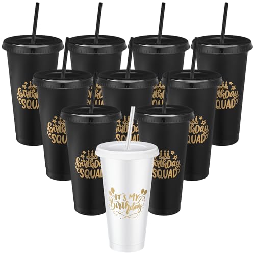 Jingmore Birthday Squad Cups 24 oz Party Tumblers Plastic Tumblers with Lid and Straw for 20th 30th 40th 50th 60th Birthday Decorations Favor for Women Girls Adults(White Black 12 Pcs)