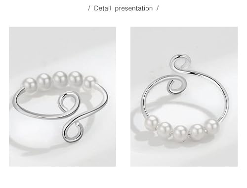 Vito Sterling Silver Fidget Anxiety Ring For Women, Adjustable Open Spinner Ring With Rotatable 5 Pearl Beads, Stacking Pressure Band Ring Jewellery Gift For Stressed Adult Women Men #TOP7
