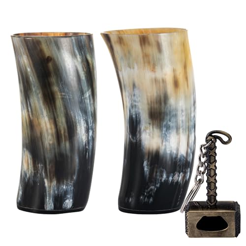 FENRIR Viking Drinking Horn Cup Set of 2, Ox Horn Goblet Glasses 12 oz hammar Opener Cool Unique Tumbler, Handmade Goblet | Medieval Stein for Ale, Mead, Whiskey Gift for Men and Women