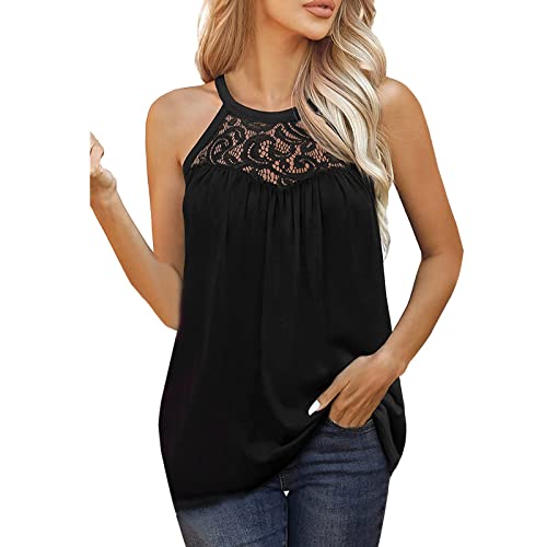 Vetements Femme Chic Soiree Ete Haut Femme Dentelle Fashion Top Grande Taille T-Shirt Pas Cher Débardeurs élégant sans Manche Chemise Blouse Fille Printemps Veste Tank (L, Noir)