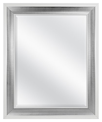 Image of MCS 28.5x34.5 Large Wall Mirror, White Frame with Woven Silver Detail & Beveled Detail Mirror, Vertical & Horizontal Wall Hanging Mirror for Bathroom, Bedroom & Livingroom