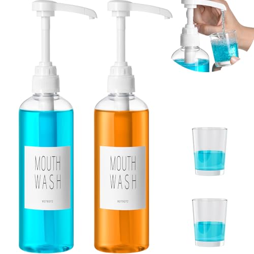 VITVITI Plastic Mouthwash Dispenser for Bathroom, 17 OZ Pump Mouth Wash Container Bottle with Cup, Clear Refillable Mouthwash Dispenser with Labels, Set of 2