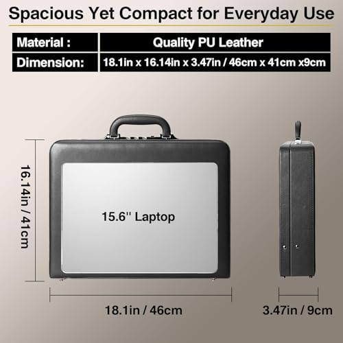 LOCKCURX 17.5x13.5x3.5 Inch Locking Briefcase - Longwave Lock Brief Case for Men, PU Leather Hard Case, Attache Case for Laptop Document Phone Passport, Black