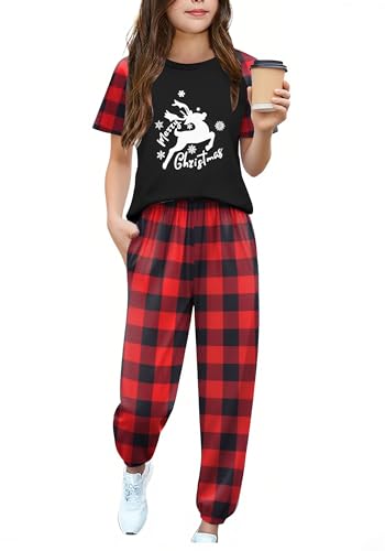 Arshiner Girls Clothing Set Short Sleeve Crew Neck Fashion outfits with Pockets Kids Sweatsuit Tracksuit Red Plaid 9-10Y