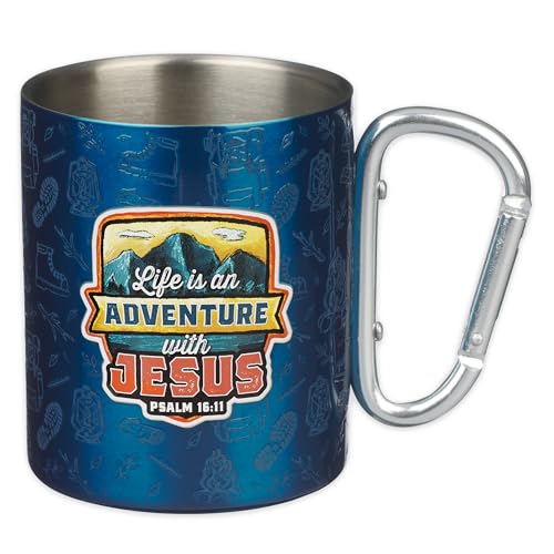Image of Christian Art Gifts Stainless Steel Double-Wall Insulated Glow in the Dark Camp Style Mug with Carabiner Style Handle for Kids: Adventure with Jesus Inspirational Bible Verse, Blue Multicolor, 9 oz.