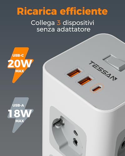 Ciabatta Multipresa con USB 20W, Ciabatta Elettrica con 8 Prese IT 16A, Torretta Multipresa Protezione Sovratensione con Interruttore e Prolunga Elettrica 2 Metri, 3680W Presa, Girgio - Hub USB - Immagine 2