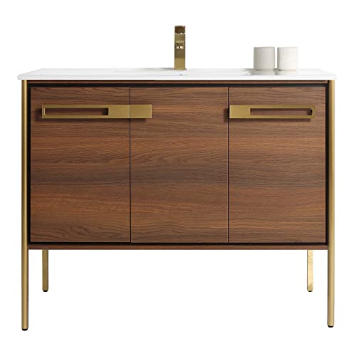 Fine Fixtures Oakville 42 In. W X 18 In. D X 33 In. H Bathroom Vanity In Walnut Ebony With White Ceramic Sink - Satin Brass Hardware #TOP1