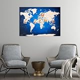 XL Weltkarte als Pinnwand | Reiseziele und Urlaub pinnen | Landkarte auf samtigem Polyestergewebe in Blau | DIN A1 84 x 59 cm, inkl. 50 Pins