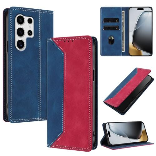 Étui Samsung Galaxy S22 en cuir texturé bleu foncé avec finitions rouges et clapet aimanté