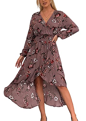 Image of Kormei Women Long Sleeve V Neck Floral Maxi Dress High Low Flowy Party Long Dresses M D10-RosyBrown