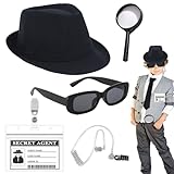 WETEPUXI 5 Pcs Kids Detective Costume Set Secret Agent Cosplay Outfit Accessories Kit Includes Detective Hat Sunglasses Earpiece Magnifying Glass for Role Play Dress Up Gear Halloween Party Supplies