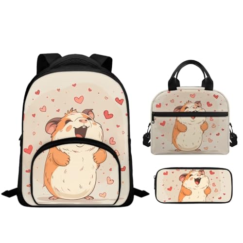 Uppodwarkid 3PCS School Bag for Girls Cute Hamster Bookbag for School Love Heart Backpack with Padded Shoulder Straps Portable Lunch Box with Handle Novelty Pencil Case for Pens Erasers