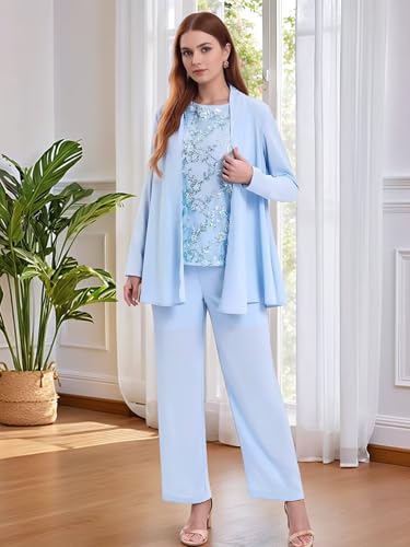 3 Piece Mother of The Bride Pantsuits for Wedding Chiffon Lace Beaded Sparkly Formal Evening Gown with Jacket Outfit2