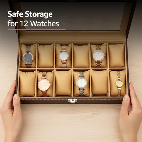 Image of Amazon Basics Sliding Drawer 12-Slot Watch and Jewelry Organizer - Faux Leather & MDF Storage Box for Men and Women, Brown