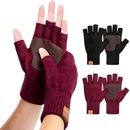 2組 冬用指なし手袋 レディース メンズ 暖かいアルパカウール ストレッチニット 寒い天候 (ブラック&amp;ブラック-ラージ)-