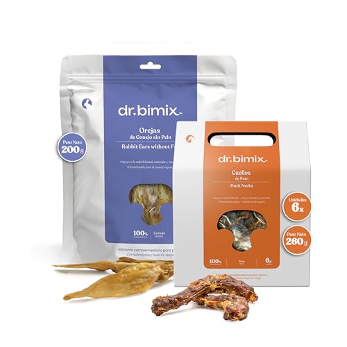 dr. bimix Pack Natural para Perros – Orejas de Conejo sin Pelo + Cuellos de Pato | Chuches Ricas en Proteína, Colágeno y Minerales | Snacks Saludables Cuidan Dientes, Articulaciones y Digestión |460g