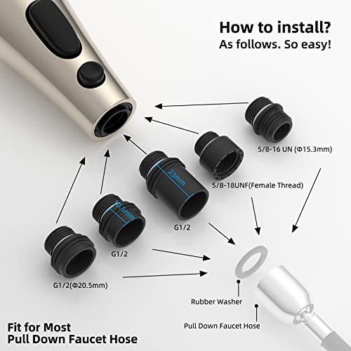 Hibbent Pull Down Kitchen Faucet Head Replacement, 3-Function Kitchen Faucet Head Sink Spray Nozzle With 9 Adapters Compatible With Moen, American Standard, Delta, Kohler Faucets, Brushed Nickel #TOP2