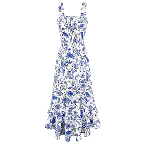 GRACE KARIN Robe longue d'été à bretelles florales pour femme, col carré, ourlet double couche, smocké, Cachemire blanc et bleu, M