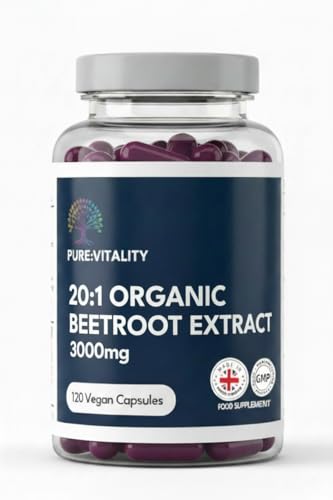 Pure Vitality: Organic Beetroot Capsules 3000mg | High Strength Blood Pressure & Digestion Support | Nitric Oxide Superfood Booster | 120 Vegan Capsules
