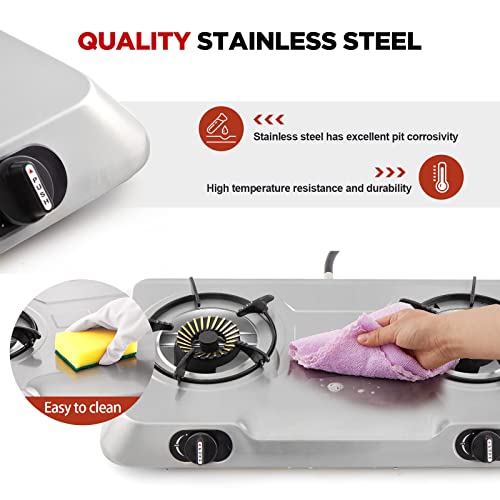 Propane Gas Cooktop 2 Burner Gas Stove Portable Gas Stove Stainless Steel Stove Dual Burner Auto Ignition Camping Dual Burner Lpg For Rv, Apartment, Outdoor #TOP3