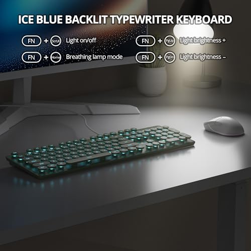 surmen Cute Quiet Keyboard Green Wired Typewriter Keyboard, Light Up Backlit PC Keyboards with Retro Round Keys Full Size 104 Keys for Office Computer (Dark Green)