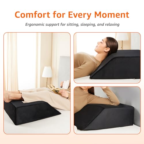 Image of amazon basics Wedge Leg Pillow | High Resilience Super-Soft Foam | Leg, Hip, Thigh & Knee Rest | Generous Size for Both Legs | Washable Velvet Cover | 22 x 20 x 7 in | Black