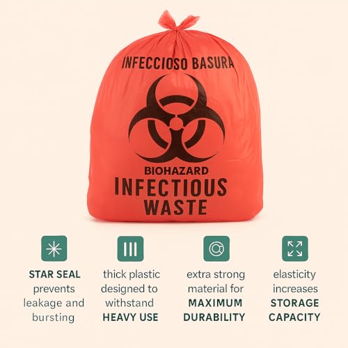 Image of Biohazard Infectious Waste Bags with Secure Zip Ties, 10 Gallon, 24 inch x 23 inch, Red, OSHA Compliant, Leak-Proof & Tear-Resistant for Medical, Dental, Lab, Veterinary Use (25 Bags)