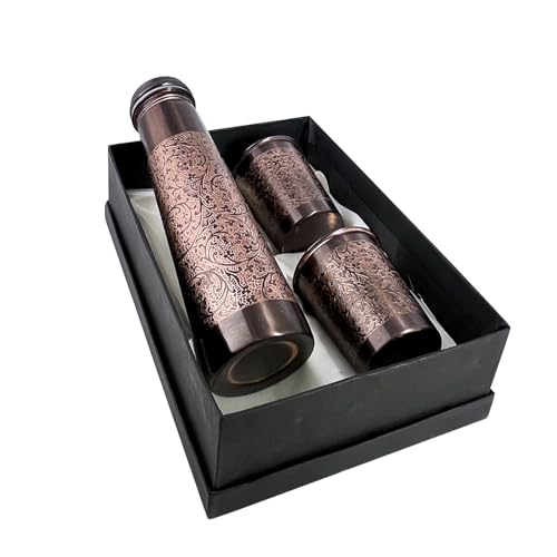 Image of Copper Water Bottle 1 Ltr | Copper Water Bottle with Glass Set | Meena Work | 100% Pure | Leak-Proof | 2 Water Glass 300ml each | Best for Gifting (Light House Design - Brown)