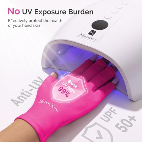 Image of MelodySusie Premium UV Protection Gloves for Manicures, Cool Feeling Fabric,Professional UPF50+, UV Nail Gloves for Gel Nail Lamp, Anti UV Light, Skin Care Fingerless Design, Neon Pink