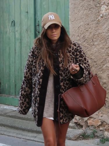 utcoco Womens Leopard Fuzzy Fleece Jacket Crew Neck Button Down Sherpa Coats Winter Warm Outwear with Pockets4