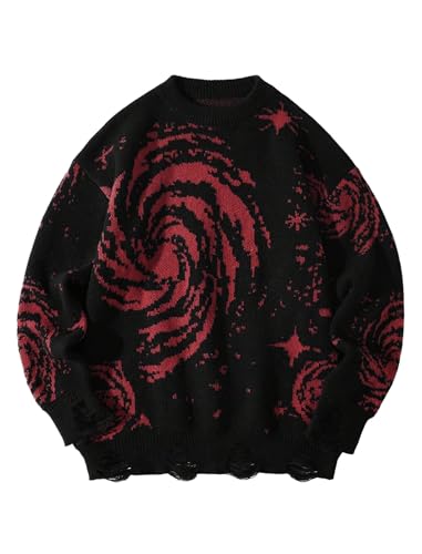 ZAFUL Men's Hip Hop Casual Sweater Crew Neck Baggy Distressed Holes Vintage Starry Sky Pattern Pullover Knitwear Sweater