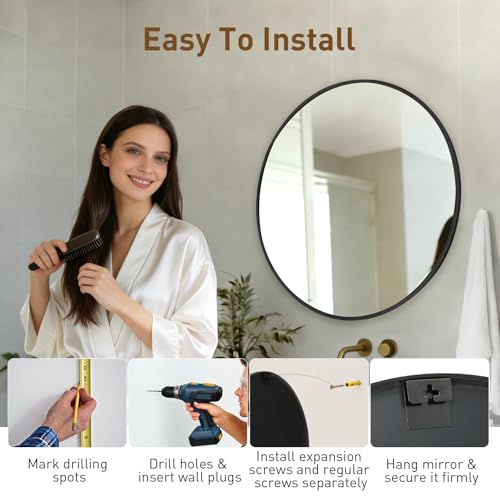Image of NEWBULIG 28 Inch Round Wall Mirror, Bathroom Mirrors for Over Sink, Matte Metal Framed Circle Vanity Mirror, Wall Decor for Bedroom, Entryway, Anti-Rust, Tempered Glass, Hanging or Leaning,Black