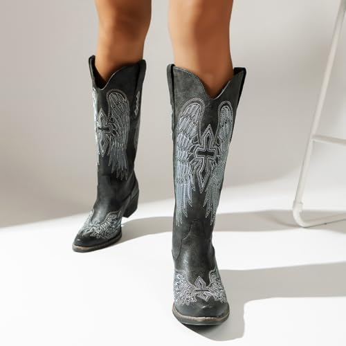 Image of Women's Western Cowboy Boots - Black Gothic Cross & Angel Wing Embroidered Mid Calf Boots, Y2K Vintage Pointed Toe Biker Cowgirl Boots for Concert Festival