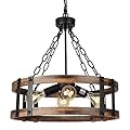 Voguad Farmhouse Rustic Wood Chandelier, 4-Light Industrial Drum Chandelier for Dining Room Vintage Pendant Hanging Light Fixture with Black Metal Accent for Kitchen Living Room Dining Area