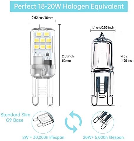 G9 LED Bulbs 2W Cool White 6000K, 20W 18W 10W G9 Pin Halogen Equivalent, 220-240V AC, Not Dimmable, No Flickering Energy-Saving Light Bulbs, 10 Pack