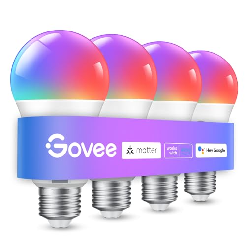 Govee Smart Glühbirne E27, WLAN LED Lampe RGBWW kompatibel mit Matter, Alexa und Google Assistant, dimmbare mit 16 Millionen DIY-Farben, 800LM, 54 Szenen, Smart Home Alexa Zubehör, 4 Stück