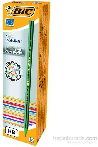 BIC Evolution Graphite Pencils - Box of 12 - HB Lead with Colourful Striped Design - Wood-Free and Splinter-Proof, Yellow,Green,Pink,Red,Black
