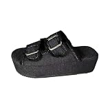 akwuiopt Sandalen met dubbele gesp voor dames, sleehak platformsandalen, denim sandaal met ondersteuning van de voetboog, antislip, platte pantoffel, holle schoen, comfortabele zomersandaal, dikke