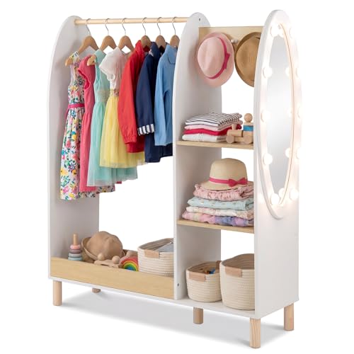 COSTWAY Kleiderschrank Kinder mit Beleuchtung, Kindergarderobe mit Spiegel, Kleiderstange, Regalen