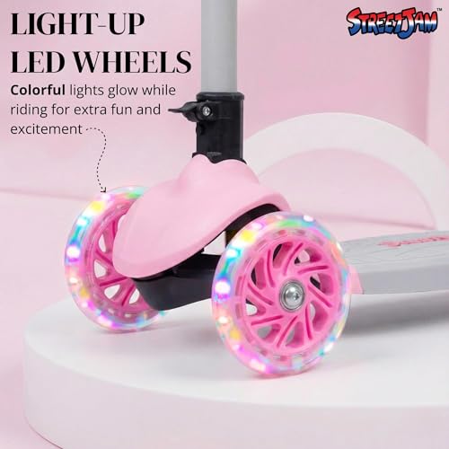 Image of STREETJAM Zoltra LED Wheel Kids Kick Scooter 3-12 Years, LED Light Wheels, BIS Approved, Lean-to-Steer Control, Extra Wide Deck, Vibrant Two-Tone Design, Up to 50 kg Load (Baby Pink with Grey)