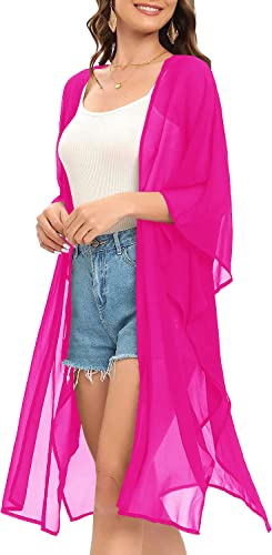 Image of Indian Trendy Women's Solid Puff Sleeve Kimono Long Cardigan Loose Cover Up Casual Blouse Top Chiffon