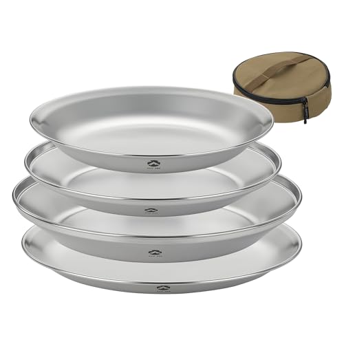CAMPINGMOON Camping Plates 4pcs set Salad Side Dinner Plate Dishes Outdoor Tableware Stainless Steel with Canvas Case S397-1S