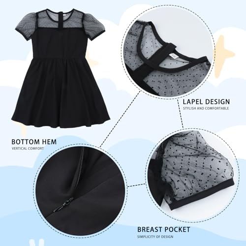 Black Girl Dress Formal Contrast Mesh Short Sleeve Polka Dots A Line Casual Party Dress 6-11Y4