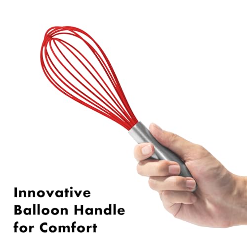 Image of OYV 10-Inch Red Silicone Whisk, Heat Resistant 480F Kitchen Whisk with Stainless Steel Ergonomic Handle, Non-Scratch for Nonstick Cookware, Dishwasher Safe, Perfect for Blending, Cooking & Beating
