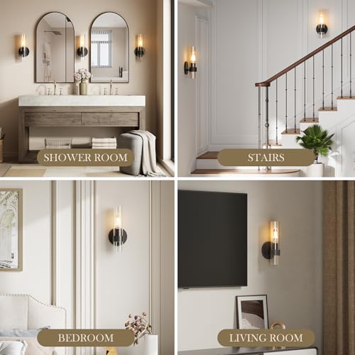 Image of Wall Sconce Set of Two, Hardwired Bathroom Wall Sconces Lighting with Clear Glass, Modern Wall Sconces Set of 2 Wall Light fixtures for Bathroom Mirror Living Room Hallway Bedroom(Black)
