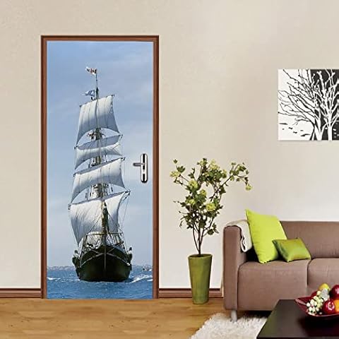 ASDSGH 3D Türaufkleber Selbstklebendes Türposter Meer Schiff Fototapete Türaufkleber 77x200 cm Türaufkleber 3D Wohnzimmer Schlafzimmer Badezimmer Wasserdicht Abnehmbare Professionelle Vinyl Upgrade Cover