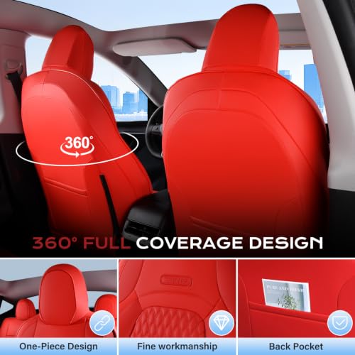 Image of Coverado Car Seat Covers for Tesla Model Y, Car Seat Covers Full Set 5 Seater, Leatherette Car Seat Covers Front Seats and Back Custom for Tesla Model Y 2020-2026 Red